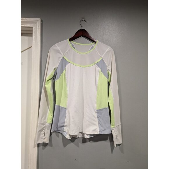 Lululemon Trail Bound Colorblock Long Sleeve Shirt Top White & Clear Mint Sz 10 - Picture 1 of 16
